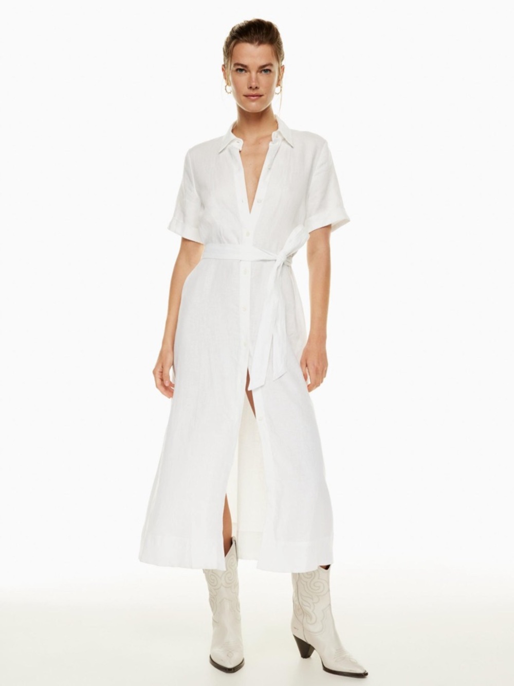 Babaton White Button-Front Linen Shirt Dress